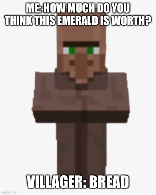 Villagers be like | ME: HOW MUCH DO YOU THINK THIS EMERALD IS WORTH? VILLAGER: BREAD | image tagged in minecraft | made w/ Imgflip meme maker