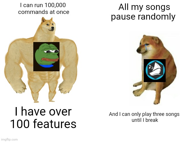 It's true though | I can run 100,000 
commands at once; All my songs pause randomly; I have over 100 features; And I can only play three songs 
until I break | image tagged in memes,buff doge vs cheems | made w/ Imgflip meme maker