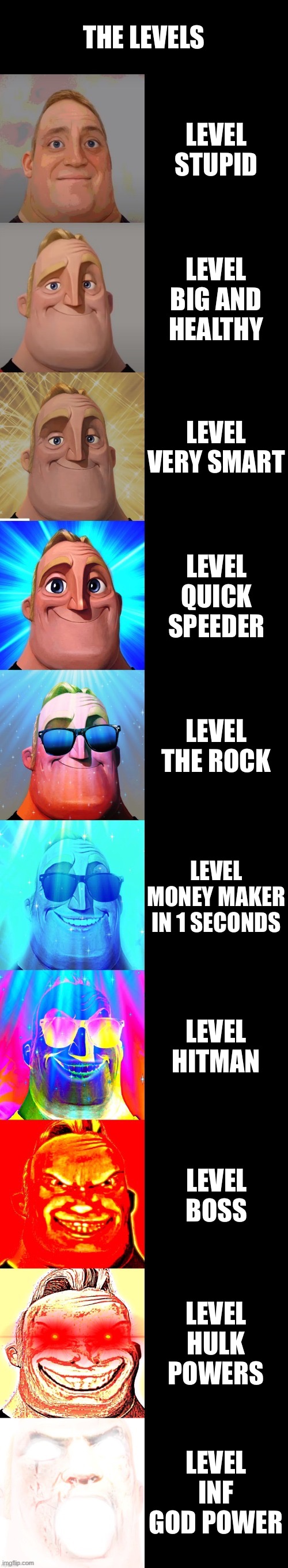 Mr incredible becoming canny levels | THE LEVELS; LEVEL STUPID; LEVEL BIG AND HEALTHY; LEVEL VERY SMART; LEVEL QUICK SPEEDER; LEVEL THE ROCK; LEVEL MONEY MAKER IN 1 SECONDS; LEVEL HITMAN; LEVEL BOSS; LEVEL HULK POWERS; LEVEL INF GOD POWER | image tagged in mr incredible becoming canny | made w/ Imgflip meme maker