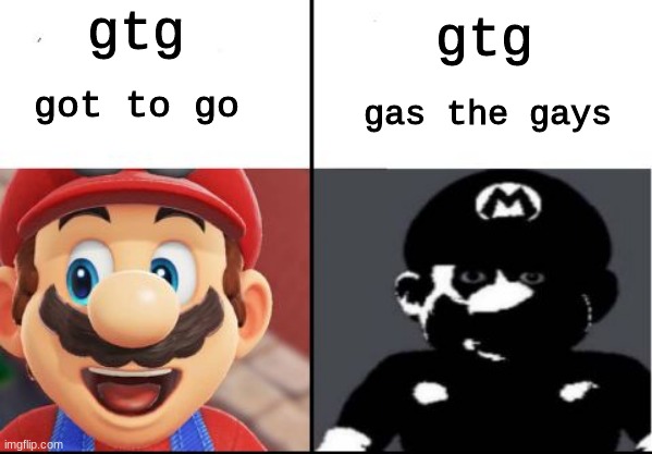 Happy mario Vs Dark Mario | gtg; gtg; got to go; gas the gays | image tagged in happy mario vs dark mario | made w/ Imgflip meme maker