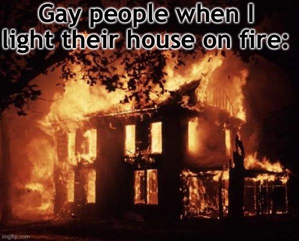 housefire | Gay people when I light their house on fire: | image tagged in housefire | made w/ Imgflip meme maker