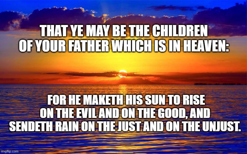 Inspirational Quotes | THAT YE MAY BE THE CHILDREN OF YOUR FATHER WHICH IS IN HEAVEN:; FOR HE MAKETH HIS SUN TO RISE ON THE EVIL AND ON THE GOOD, AND SENDETH RAIN ON THE JUST AND ON THE UNJUST. | image tagged in bible verse | made w/ Imgflip meme maker