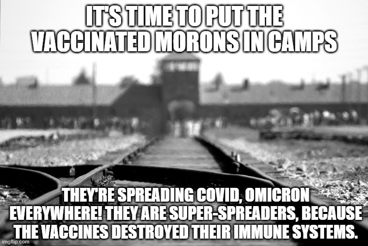 Put 'em all in camps! Protect the non-vaxxed! | IT'S TIME TO PUT THE VACCINATED MORONS IN CAMPS; THEY'RE SPREADING COVID, OMICRON EVERYWHERE! THEY ARE SUPER-SPREADERS, BECAUSE THE VACCINES DESTROYED THEIR IMMUNE SYSTEMS. | image tagged in concentration camp | made w/ Imgflip meme maker