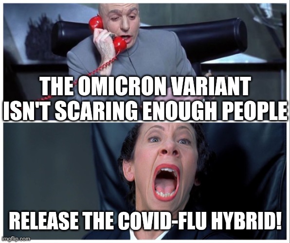 Those who believe it'll end at some point are already too far brainwashed and will just continue to obey their government gods. | THE OMICRON VARIANT ISN'T SCARING ENOUGH PEOPLE; RELEASE THE COVID-FLU HYBRID! | image tagged in dr evil and frau yelling | made w/ Imgflip meme maker