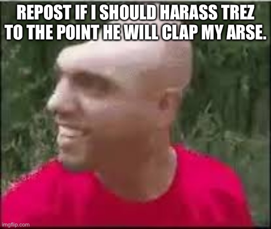 Dishweed | REPOST IF I SHOULD HARASS TREZ TO THE POINT HE WILL CLAP MY ARSE. | image tagged in dishweed | made w/ Imgflip meme maker