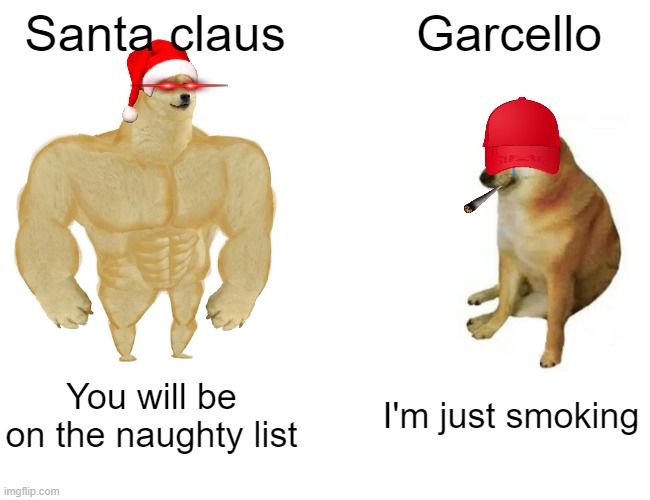 Garcello is in the naughty list lol | Santa claus; Garcello; You will be on the naughty list; I'm just smoking | image tagged in memes,buff doge vs cheems | made w/ Imgflip meme maker