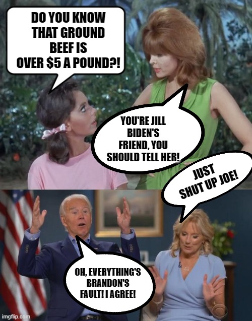 Mary Ann had to explain run away inflation to Brandon! | DO YOU KNOW THAT GROUND BEEF IS OVER $5 A POUND?! YOU'RE JILL BIDEN'S FRIEND, YOU SHOULD TELL HER! JUST SHUT UP JOE! OH, EVERYTHING'S BRANDON'S FAULT! I AGREE! | image tagged in mary ann and ginger,joe and jill,inflation,clueless | made w/ Imgflip meme maker