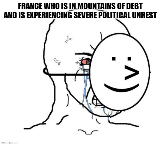 Crying Wojak | FRANCE WHO IS IN MOUNTAINS OF DEBT AND IS EXPERIENCING SEVERE POLITICAL UNREST | image tagged in crying wojak | made w/ Imgflip meme maker