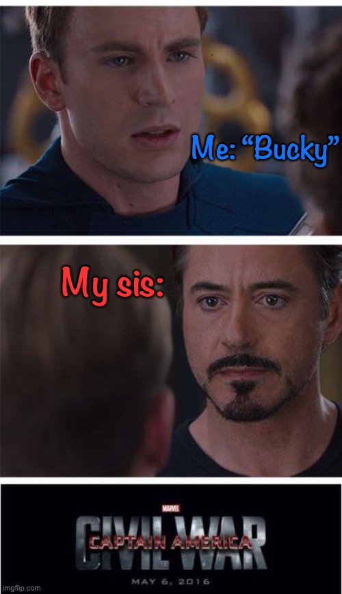Based on true events | Me: “Bucky”; My sis: | image tagged in memes,marvel civil war 1,bucky,bucky barnes,siblings,little sister | made w/ Imgflip meme maker