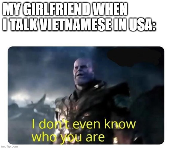 why | MY GIRLFRIEND WHEN I TALK VIETNAMESE IN USA: | image tagged in thanos i don't even know who you are | made w/ Imgflip meme maker