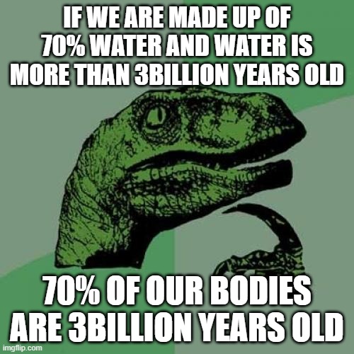 Philosoraptor Meme | IF WE ARE MADE UP OF 70% WATER AND WATER IS MORE THAN 3BILLION YEARS OLD; 70% OF OUR BODIES ARE 3BILLION YEARS OLD | image tagged in memes,philosoraptor | made w/ Imgflip meme maker