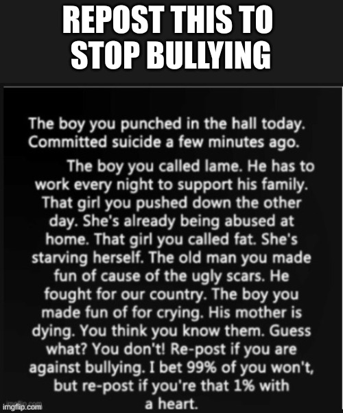 Repost this to Stop Bullying | REPOST THIS TO 
STOP BULLYING | image tagged in please stop | made w/ Imgflip meme maker