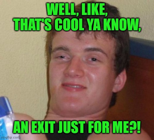 10 Guy Meme | WELL, LIKE, THAT'S COOL YA KNOW, AN EXIT JUST FOR ME?! | image tagged in memes,10 guy | made w/ Imgflip meme maker