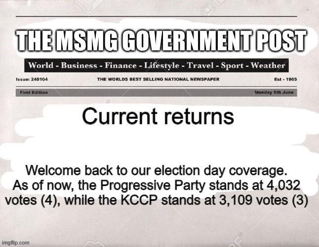MSMG Government Post | Current returns; Welcome back to our election day coverage. As of now, the Progressive Party stands at 4,032 votes (4), while the KCCP stands at 3,109 votes (3) | image tagged in msmg government post | made w/ Imgflip meme maker