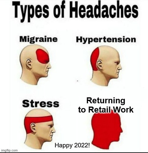 Sorry if this is your lot. | Returning to Retail Work; Happy 2022! | image tagged in types of headaches meme,memes,retail,work,2022 | made w/ Imgflip meme maker