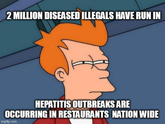 Futurama Fry Meme | 2 MILLION DISEASED ILLEGALS HAVE RUN IN; HEPATITIS OUTBREAKS ARE OCCURRING IN RESTAURANTS  NATION WIDE | image tagged in memes,futurama fry | made w/ Imgflip meme maker