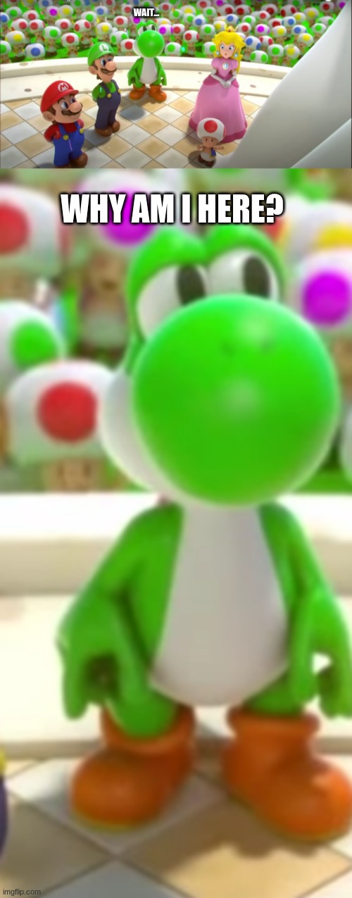 yoshi isn't where he's supposed to be. | WAIT... WHY AM I HERE? | image tagged in funny memes | made w/ Imgflip meme maker