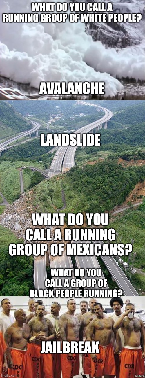 Silly humor | WHAT DO YOU CALL A RUNNING GROUP OF WHITE PEOPLE? AVALANCHE; LANDSLIDE; WHAT DO YOU CALL A RUNNING GROUP OF MEXICANS? WHAT DO YOU CALL A GROUP OF BLACK PEOPLE RUNNING? JAILBREAK | image tagged in avalanche,huge landslide blocking highway | made w/ Imgflip meme maker