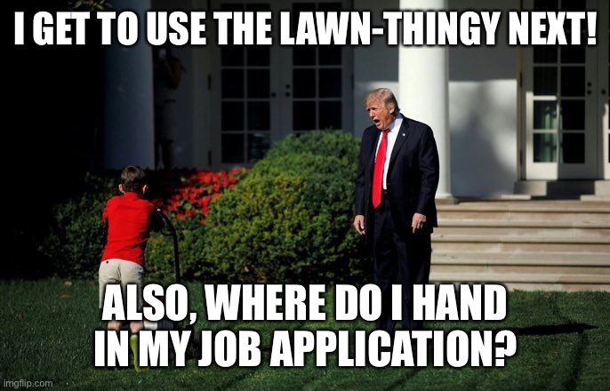 Trump Lawn Mower | I GET TO USE THE LAWN-THINGY NEXT! ALSO, WHERE DO I HAND IN MY JOB APPLICATION? | image tagged in trump lawn mower | made w/ Imgflip meme maker