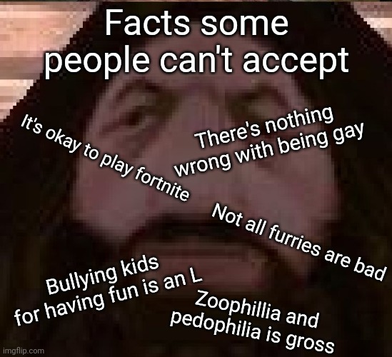 POV: you're mature | Facts some people can't accept; It's okay to play fortnite; There's nothing wrong with being gay; Not all furries are bad; Bullying kids for having fun is an L; Zoophillia and pedophilia is gross | image tagged in hagrid ps1 | made w/ Imgflip meme maker