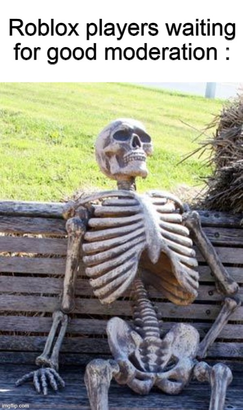 its pointless | Roblox players waiting for good moderation : | image tagged in memes,waiting skeleton,roblox,gaming | made w/ Imgflip meme maker