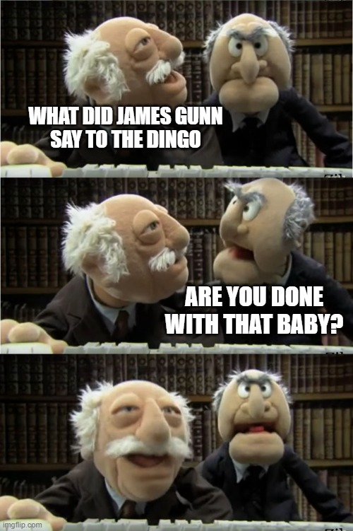 Inappropriate! | WHAT DID JAMES GUNN
SAY TO THE DINGO; ARE YOU DONE WITH THAT BABY? | image tagged in statler and waldorf,memes,james gunn,baby,dingo | made w/ Imgflip meme maker