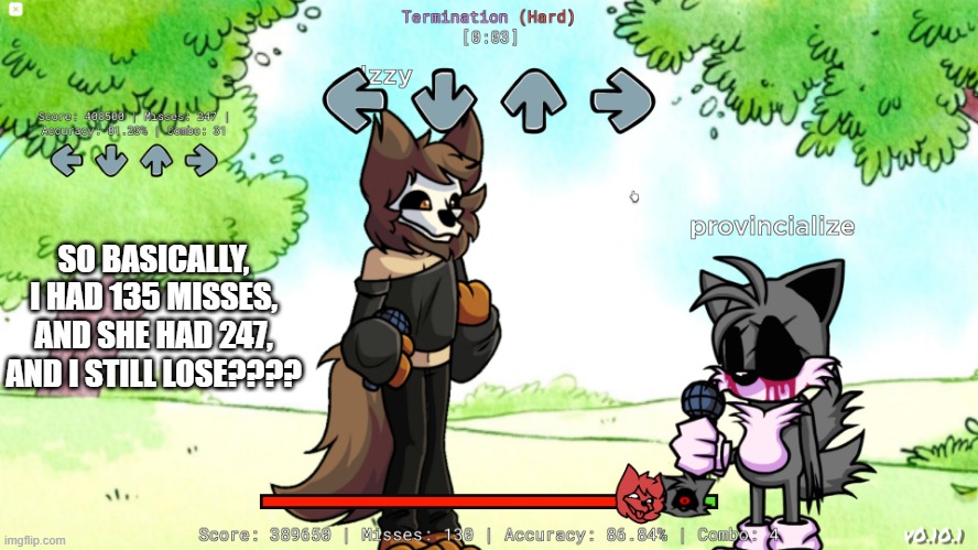 i hate this games score system | SO BASICALLY, I HAD 135 MISSES, AND SHE HAD 247, AND I STILL LOSE???? | image tagged in monday morning misery | made w/ Imgflip meme maker