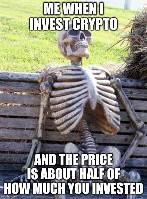 When you invest crypto without thinking.... | ME WHEN I INVEST CRYPTO; AND THE PRICE IS ABOUT HALF OF HOW MUCH YOU INVESTED | image tagged in memes,waiting skeleton,cryptocurrency | made w/ Imgflip meme maker