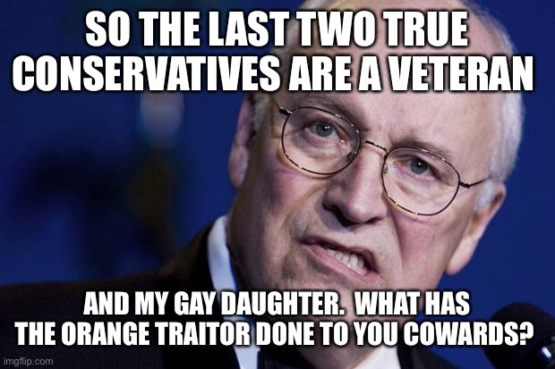 scumbag dick cheney | SO THE LAST TWO TRUE CONSERVATIVES ARE A VETERAN; AND MY GAY DAUGHTER.  WHAT HAS THE ORANGE TRAITOR DONE TO YOU COWARDS? | image tagged in scumbag dick cheney | made w/ Imgflip meme maker