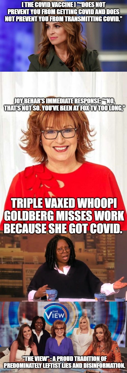 The more you know... | [ THE COVID VACCINE ] "“DOES NOT PREVENT YOU FROM GETTING COVID AND DOES NOT PREVENT YOU FROM TRANSMITTING COVID.”; JOY BEHAR'S IMMEDIATE RESPONSE: "“NO, THAT’S NOT SO. YOU’VE BEEN AT FOX TV TOO LONG,”; TRIPLE VAXED WHOOPI GOLDBERG MISSES WORK BECAUSE SHE GOT COVID. "THE VIEW" : A PROUD TRADITION OF PREDOMINATELY LEFTIST LIES AND DISINFORMATION. | image tagged in covid-19,covid,covid vaccine | made w/ Imgflip meme maker