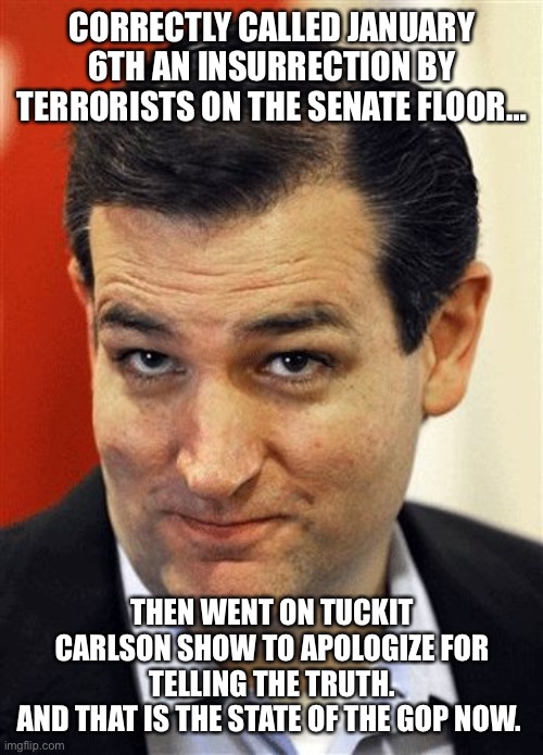 Ted Cruz Sleazebucket | CORRECTLY CALLED JANUARY 6TH AN INSURRECTION BY TERRORISTS ON THE SENATE FLOOR…; THEN WENT ON TUCKIT CARLSON SHOW TO APOLOGIZE FOR TELLING THE TRUTH.
AND THAT IS THE STATE OF THE GOP NOW. | image tagged in ted cruz sleazebucket | made w/ Imgflip meme maker