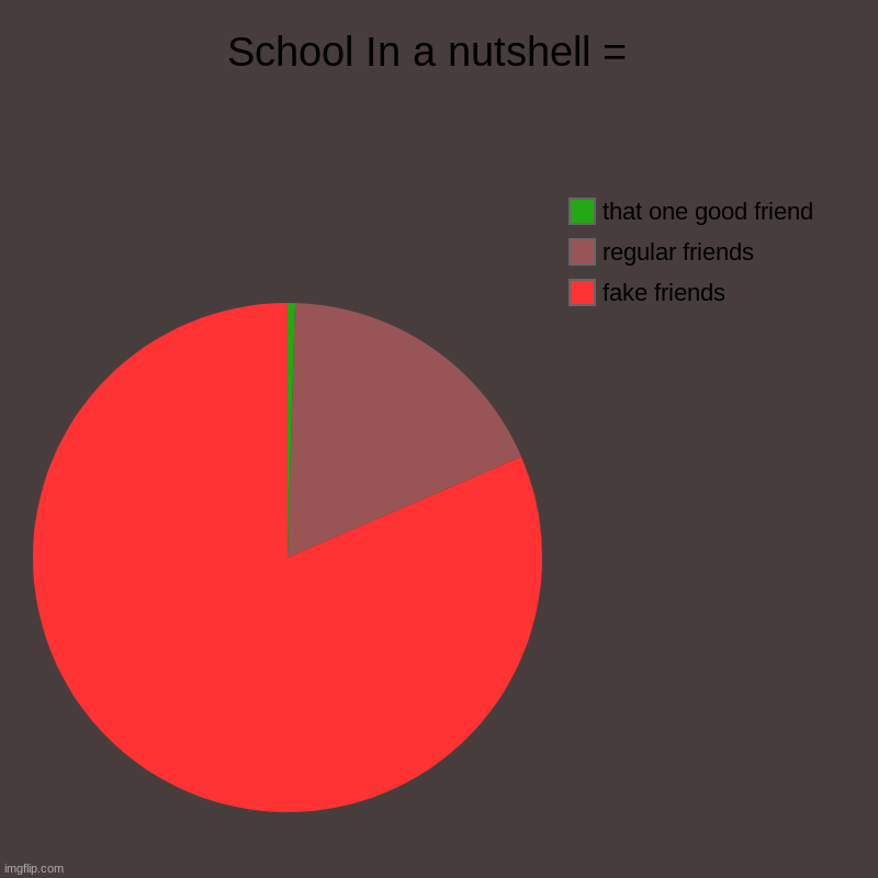 Yepppppppppp | School In a nutshell =  | fake friends, regular friends, that one good friend | image tagged in charts,pie charts,friends,fake friends,expectation vs reality,depression sadness hurt pain anxiety | made w/ Imgflip chart maker