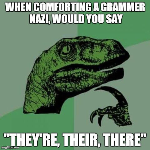 Philosoraptor | WHEN COMFORTING A GRAMMER NAZI, WOULD YOU SAY "THEY'RE, THEIR, THERE" | image tagged in memes,philosoraptor | made w/ Imgflip meme maker