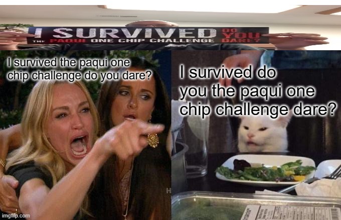 I survived the paqui one chip challenge do you dare woman yelling at cat meme | I survived the paqui one chip challenge do you dare? I survived do you the paqui one chip challenge dare? | image tagged in memes,woman yelling at cat | made w/ Imgflip meme maker