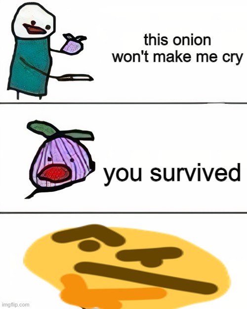 this onion won't make me cry (better quality) | this onion won't make me cry; you survived | image tagged in this onion won't make me cry better quality | made w/ Imgflip meme maker