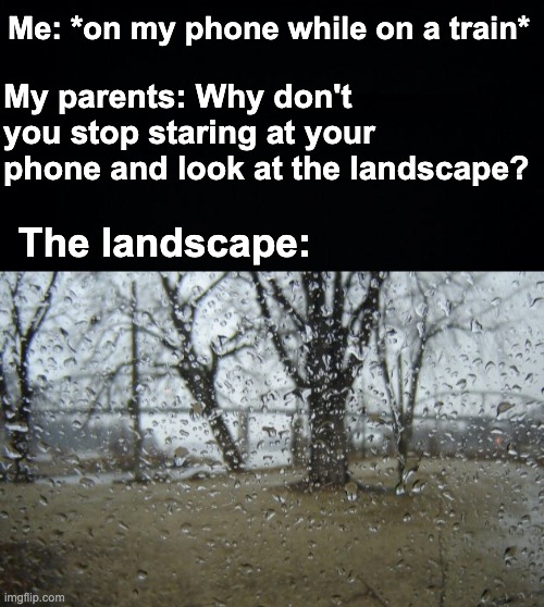 hey, I love nature as much as the next guy but that right there is pure misery. | Me: *on my phone while on a train*; My parents: Why don't you stop staring at your phone and look at the landscape? The landscape: | image tagged in memes,unfunny | made w/ Imgflip meme maker