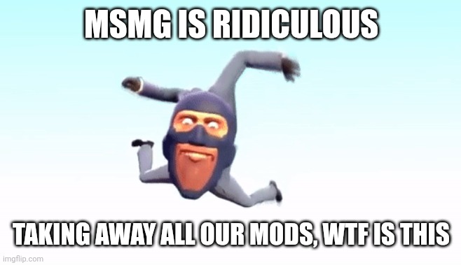 the s p y | MSMG IS RIDICULOUS; TAKING AWAY ALL OUR MODS, WTF IS THIS | image tagged in the s p y | made w/ Imgflip meme maker