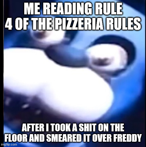 Rule 4 be like: | ME READING RULE 4 OF THE PIZZERIA RULES; AFTER I TOOK A SHIT ON THE FLOOR AND SMEARED IT OVER FREDDY | image tagged in surprised bonnie | made w/ Imgflip meme maker