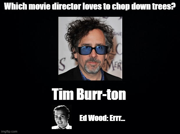 Tim Burr-ton | Which movie director loves to chop down trees? Tim Burr-ton; Ed Wood: Errr... | image tagged in black background,tim burton,ed wood,pun | made w/ Imgflip meme maker