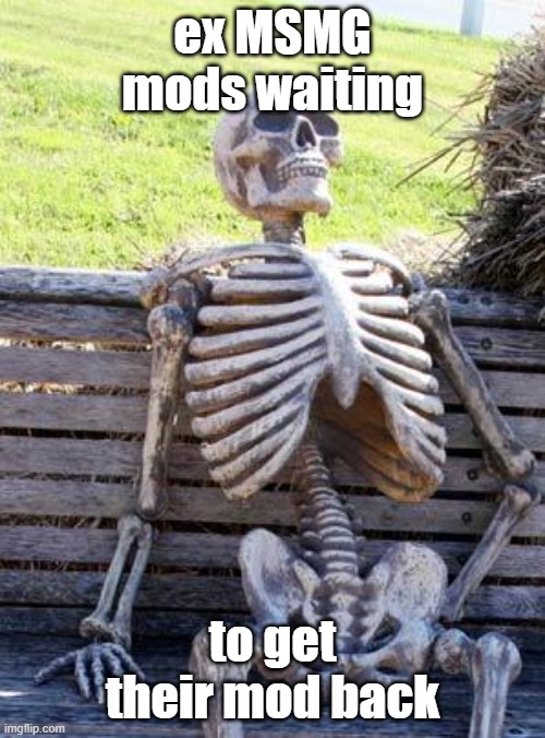 Waiting Skeleton | ex MSMG mods waiting; to get their mod back | image tagged in memes,waiting skeleton | made w/ Imgflip meme maker