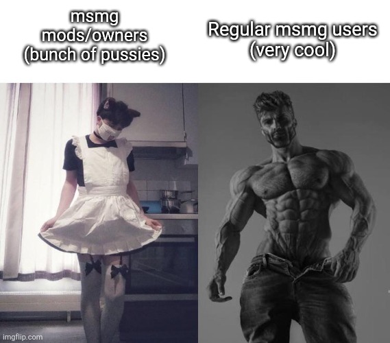 Giga chad vs femboy | Regular msmg users
(very cool); msmg mods/owners
(bunch of pussies) | image tagged in giga chad vs femboy | made w/ Imgflip meme maker