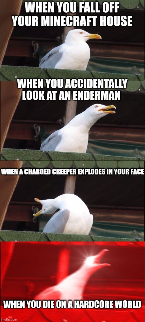 Minecraft be like... | WHEN YOU FALL OFF YOUR MINECRAFT HOUSE; WHEN YOU ACCIDENTALLY LOOK AT AN ENDERMAN; WHEN A CHARGED CREEPER EXPLODES IN YOUR FACE; WHEN YOU DIE ON A HARDCORE WORLD | image tagged in memes,inhaling seagull | made w/ Imgflip meme maker