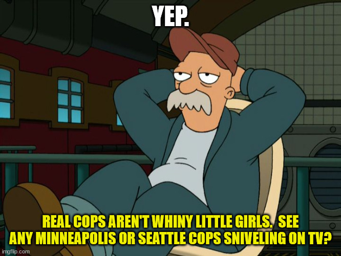 Futurama Scruffy | YEP. REAL COPS AREN'T WHINY LITTLE GIRLS.  SEE ANY MINNEAPOLIS OR SEATTLE COPS SNIVELING ON TV? | image tagged in futurama scruffy | made w/ Imgflip meme maker