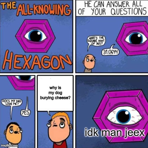 All knowing hexagon (ORIGINAL) | why is my dog burying cheese? idk man jeex | image tagged in all knowing hexagon original | made w/ Imgflip meme maker
