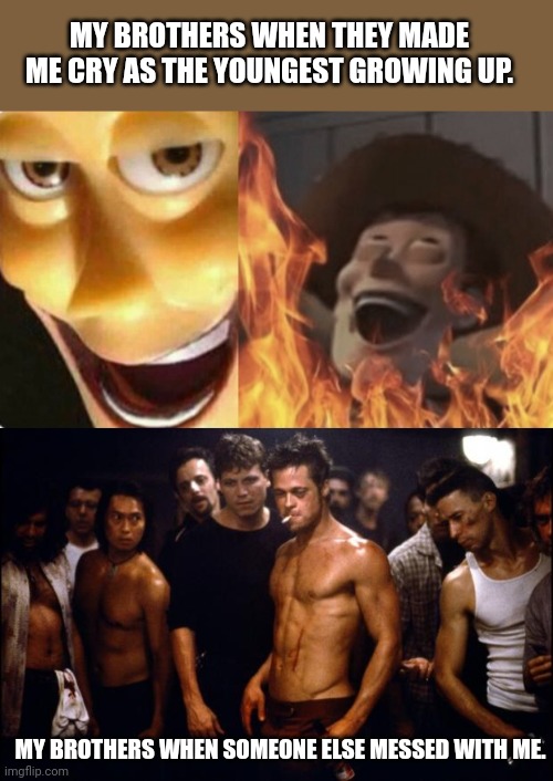 MY BROTHERS WHEN THEY MADE ME CRY AS THE YOUNGEST GROWING UP. MY BROTHERS WHEN SOMEONE ELSE MESSED WITH ME. | image tagged in satanic woody no spacing,fight club template | made w/ Imgflip meme maker