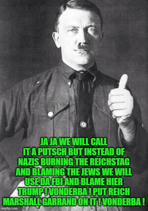 Hitler | JA JA WE WILL CALL IT A PUTSCH BUT INSTEAD OF NAZIS BURNING THE REICHSTAG AND BLAMING THE JEWS WE WILL USE DA FBI AND BLAME HIER TRUMP ! VON | image tagged in hitler | made w/ Imgflip meme maker