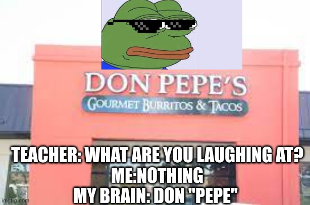 Don "Pepe" |  TEACHER: WHAT ARE YOU LAUGHING AT?
ME:NOTHING
MY BRAIN: DON "PEPE" | image tagged in meme,pepe the frog | made w/ Imgflip meme maker