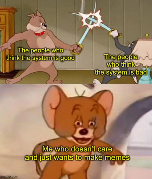 It’s a meme site bruh | The people who think the system is good; The people who think the system is bad; Me who doesn’t care and just wants to make memes | image tagged in tom and jerry swordfight | made w/ Imgflip meme maker