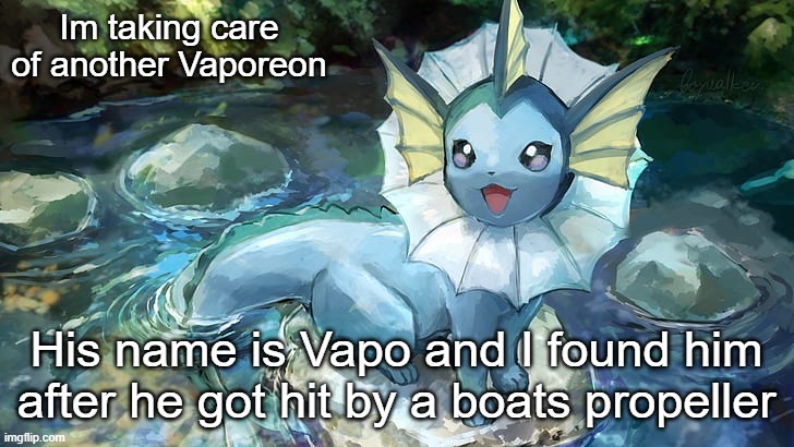 :( | Im taking care of another Vaporeon; His name is Vapo and I found him after he got hit by a boats propeller | image tagged in hazza announcement | made w/ Imgflip meme maker