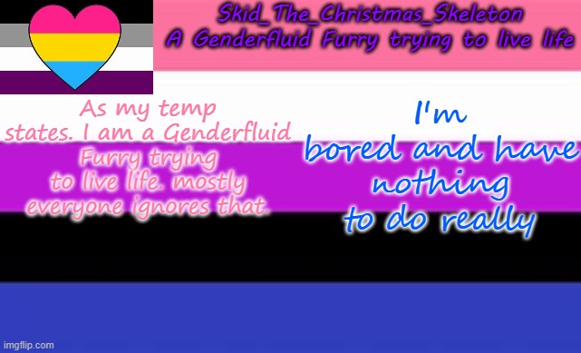 *scream* | As my temp states. I am a Genderfluid Furry trying to live life. mostly everyone ignores that. I'm bored and have nothing to do really | image tagged in skid's lgbtq temp | made w/ Imgflip meme maker